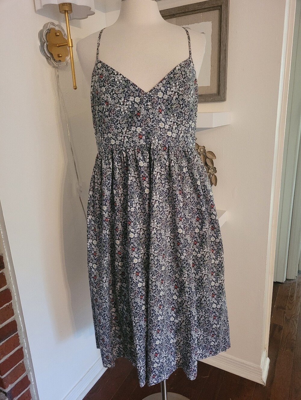 J Crew X Liberty Floral Spaghetti Strap Sundress - Navy with White & Red Flowers